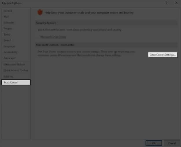 Trust Center Settings in Outlook Options on Windows PC