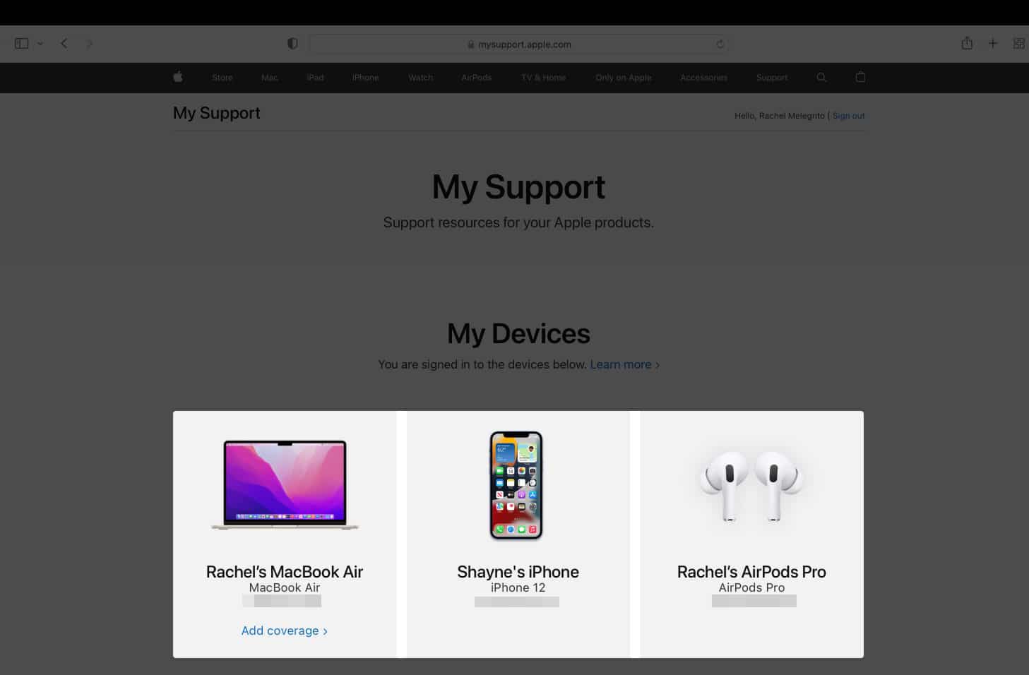 Waranty status of Apple Devices under My Devices on a Browser
