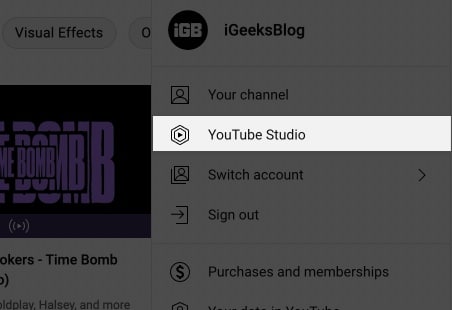 YouTube Studio option in user profile on YouTube