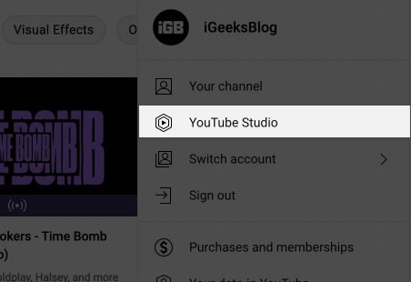 Επιλογή YouTube Studio στο προφίλ χρήστη στο YouTube