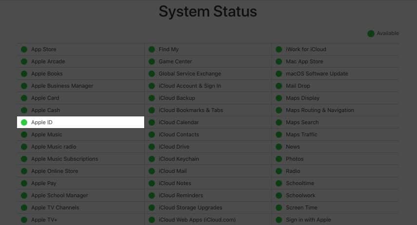 Check Apple ID Server on Apple System Status Page