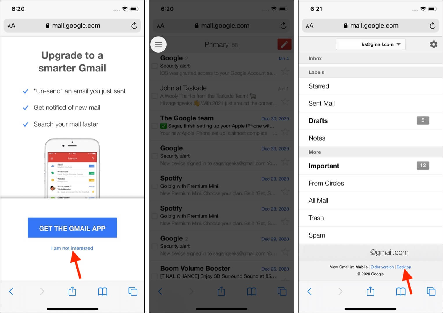 Go to Desktop version of Gmail on iPhone