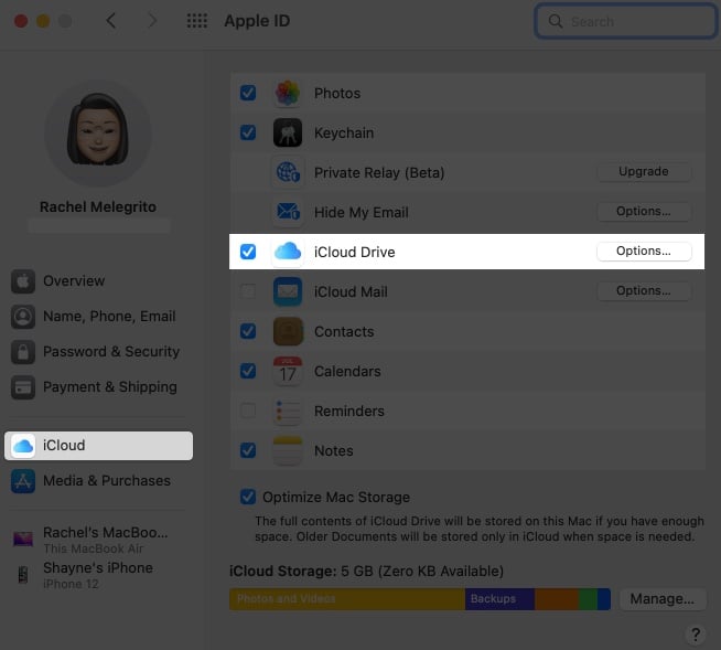 Memilih iCloud Drive pada anak tetingkap kiri pada Mac