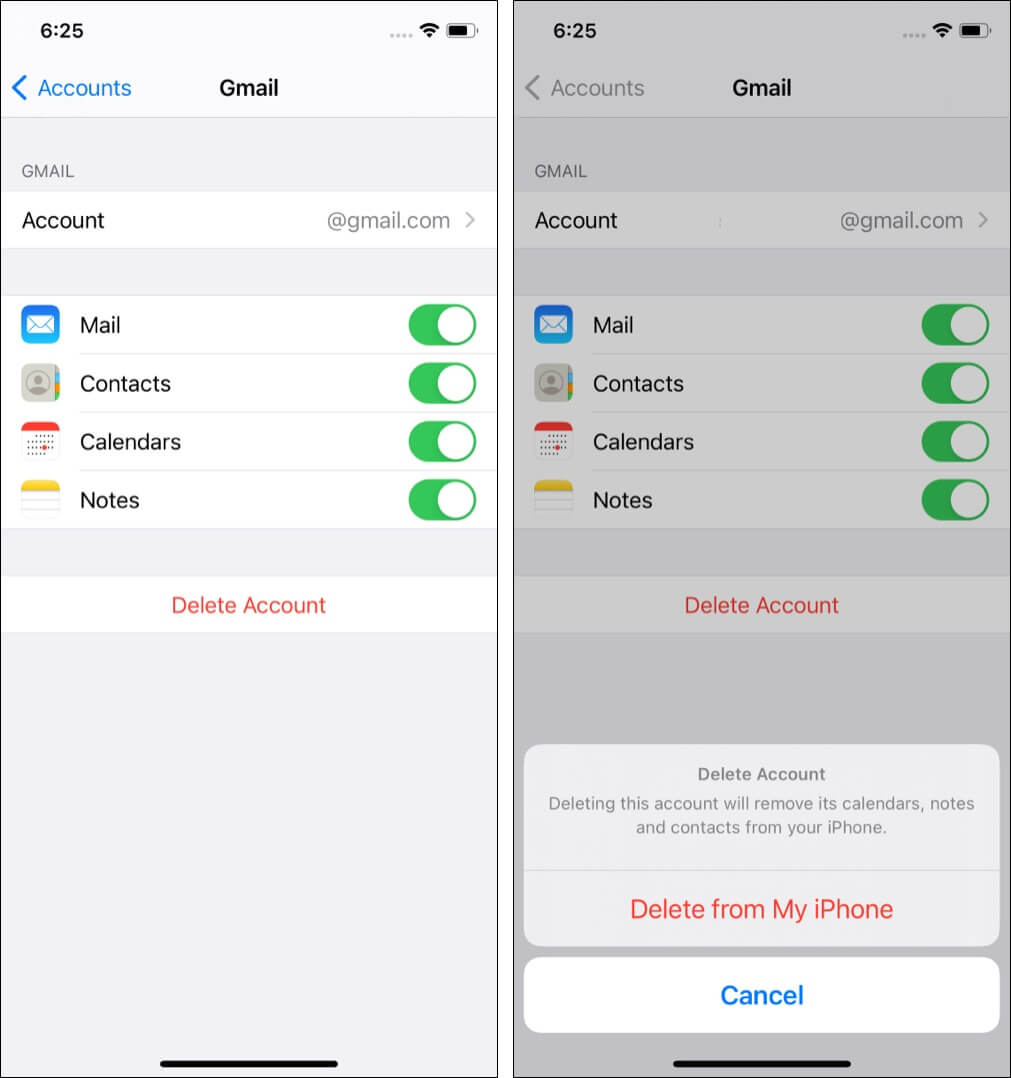 Tap Delete Account and confirm to remove Gmail account from iPhone