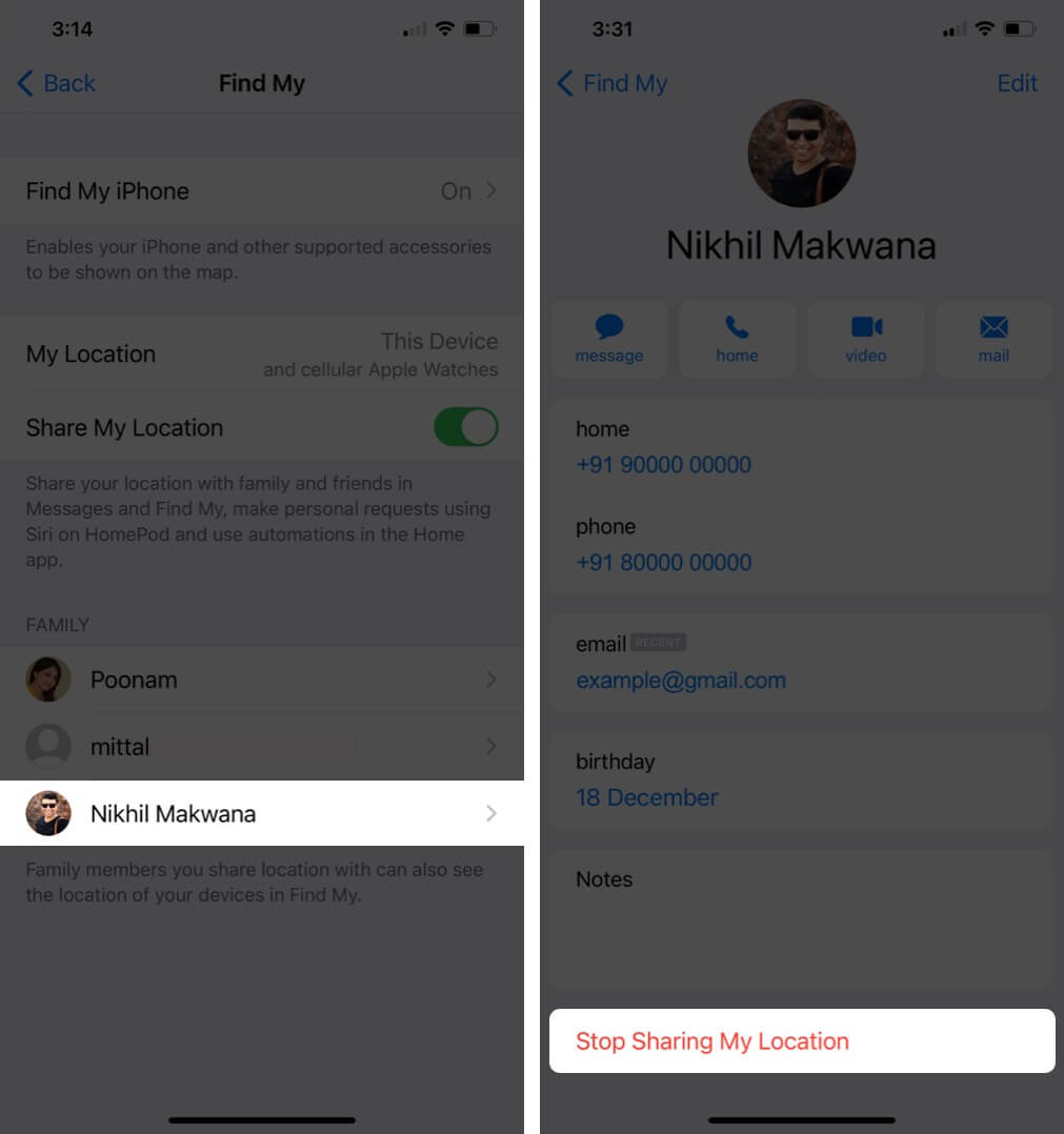 Tap on Family Member and Then Tap on Stop Sharing My Location to Disable Location Sharing Through Family Sharing on iPhone