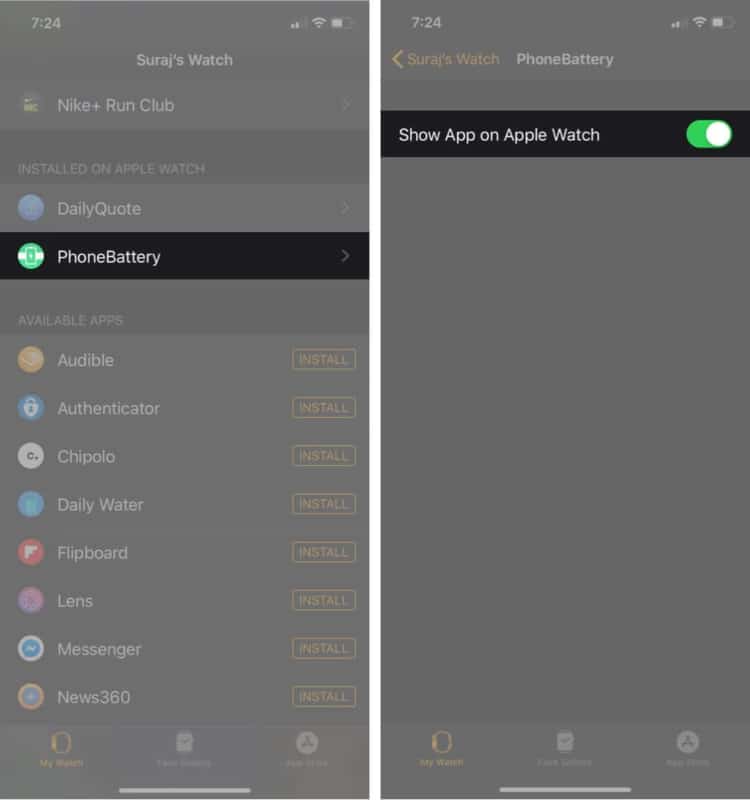turn on show app on apple watch to view installed app