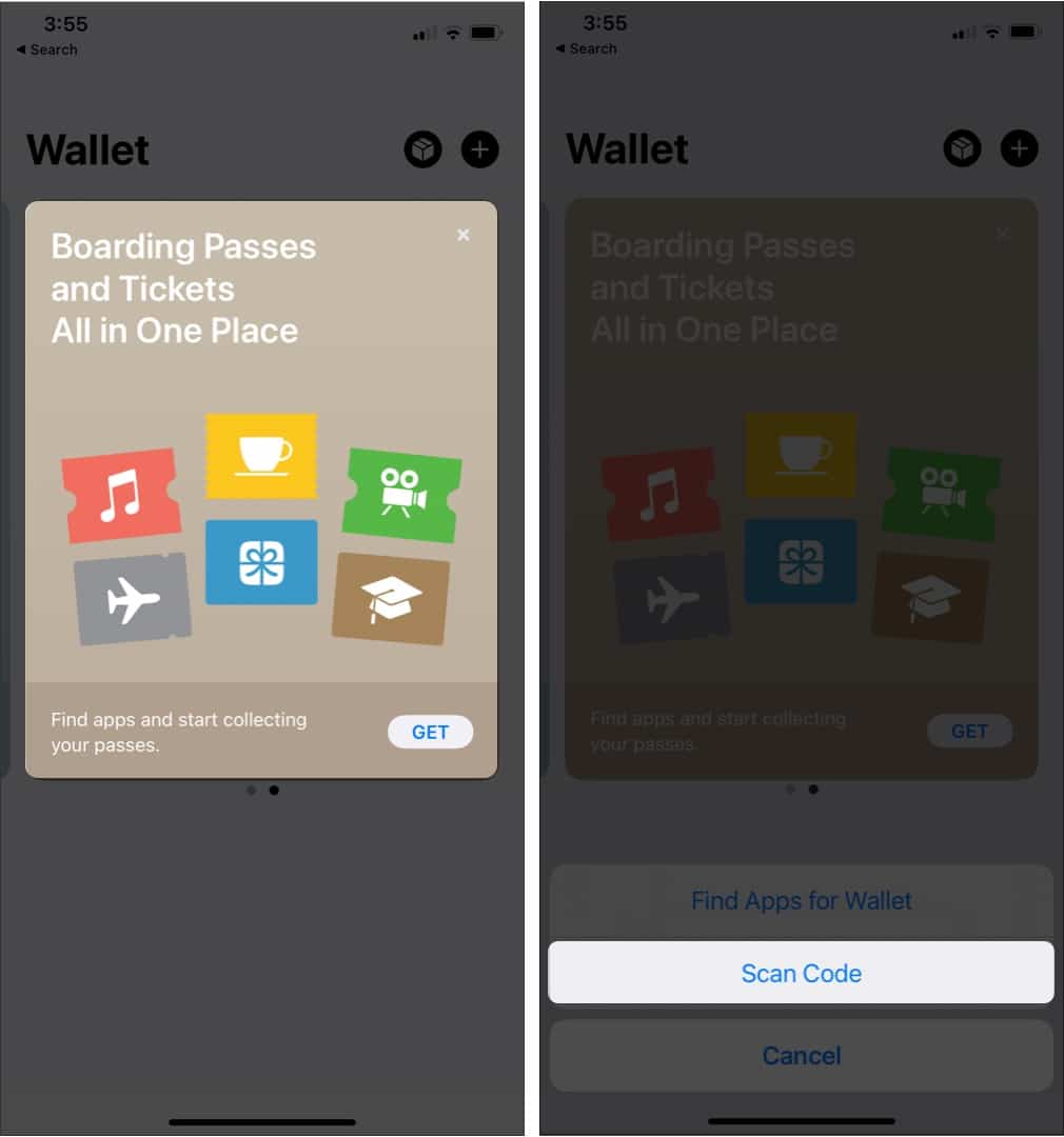 Adding a pass or ticket to Apple Wallet on iPhone using Scan Code option