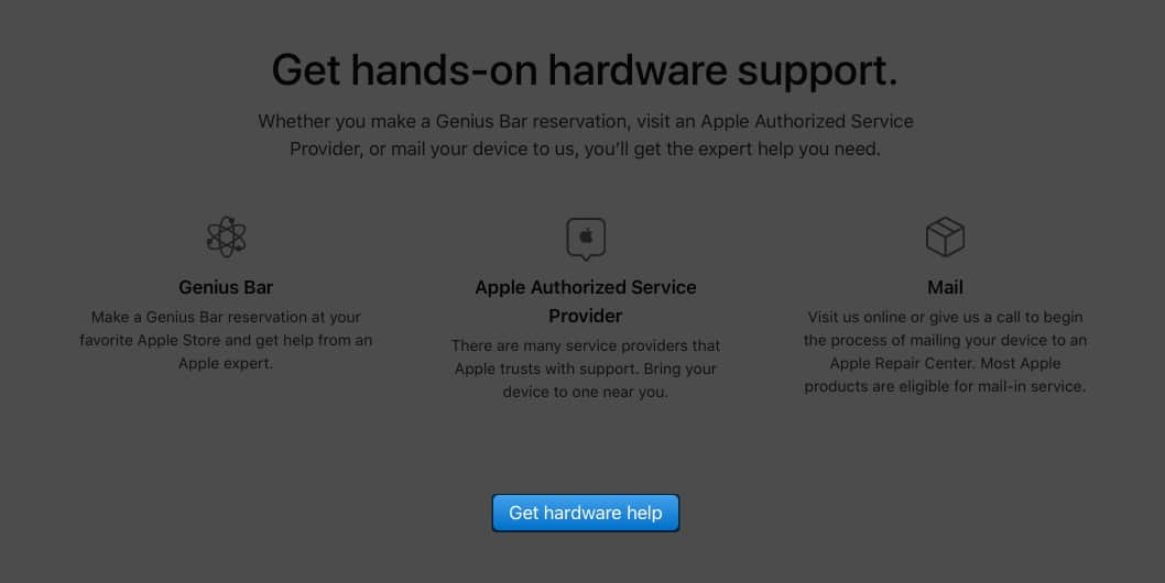 Opening Apple Genius Bar Website on a device and choosing hardware help