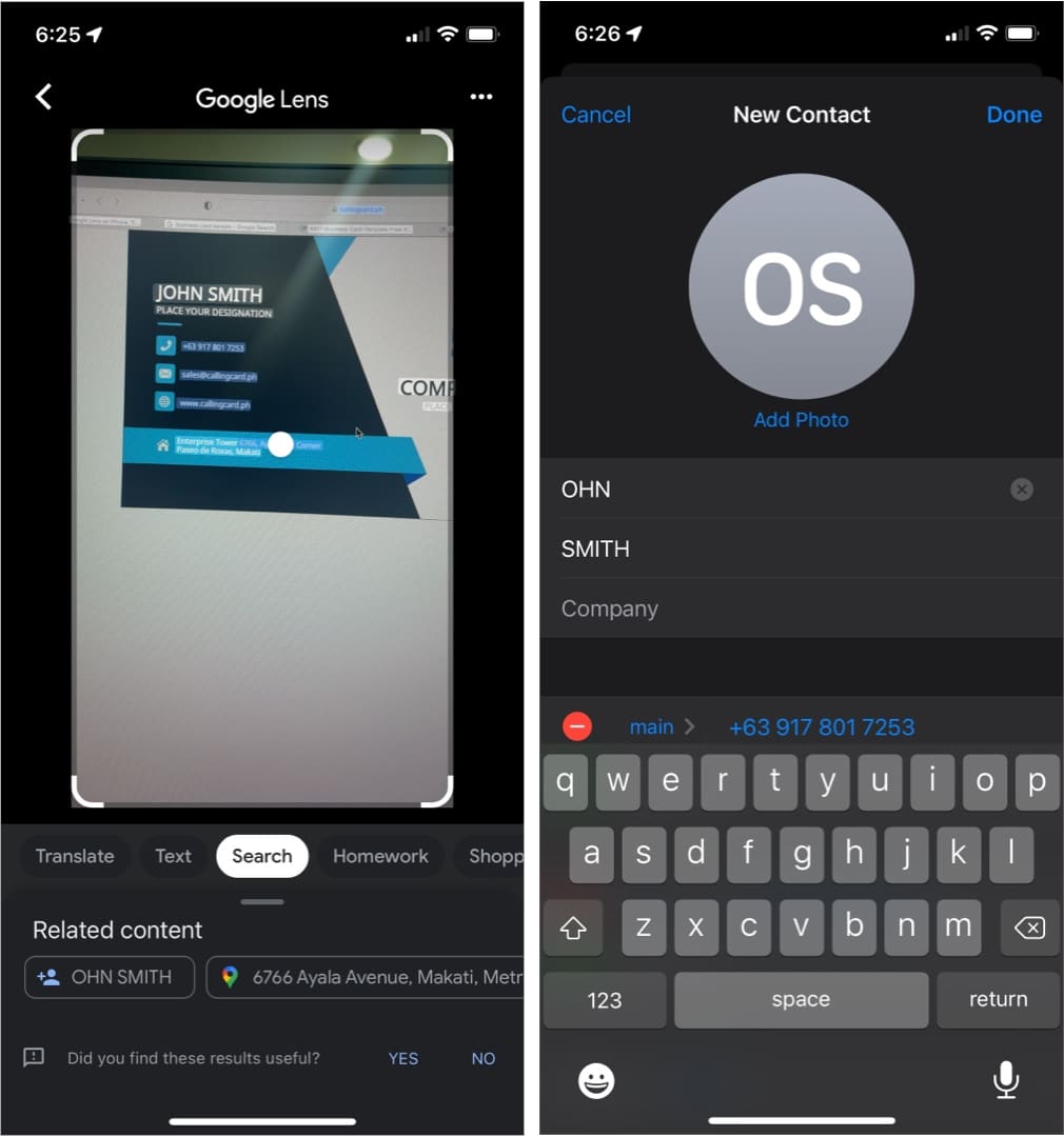 Scanning a business card on an iPhone using Google Lens