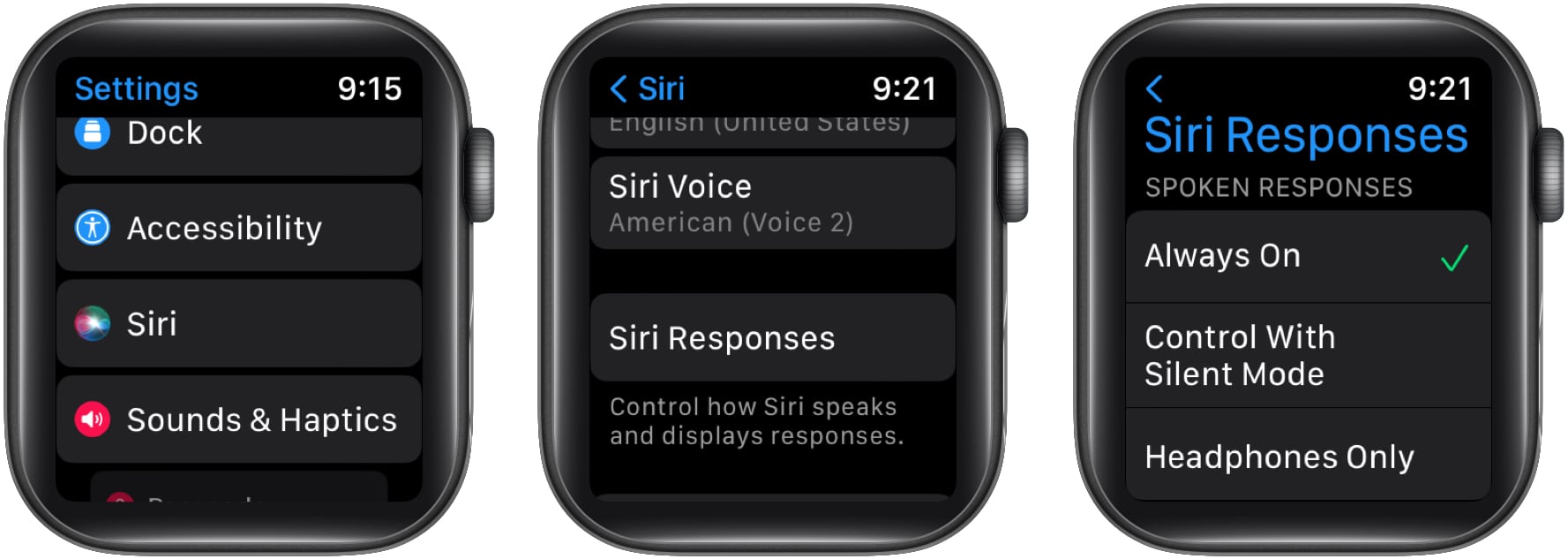 Pilih apabila Siri bercakap pada Apple Watch