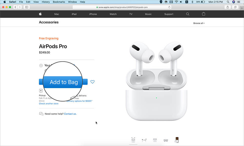 Click on Add to Bag to Complete Purchase of AirPods Pro