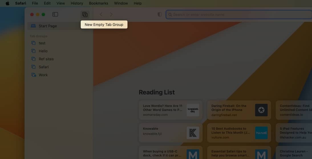 Mencipta Kumpulan Tab Kosong Baharu dalam Safari pada Mac