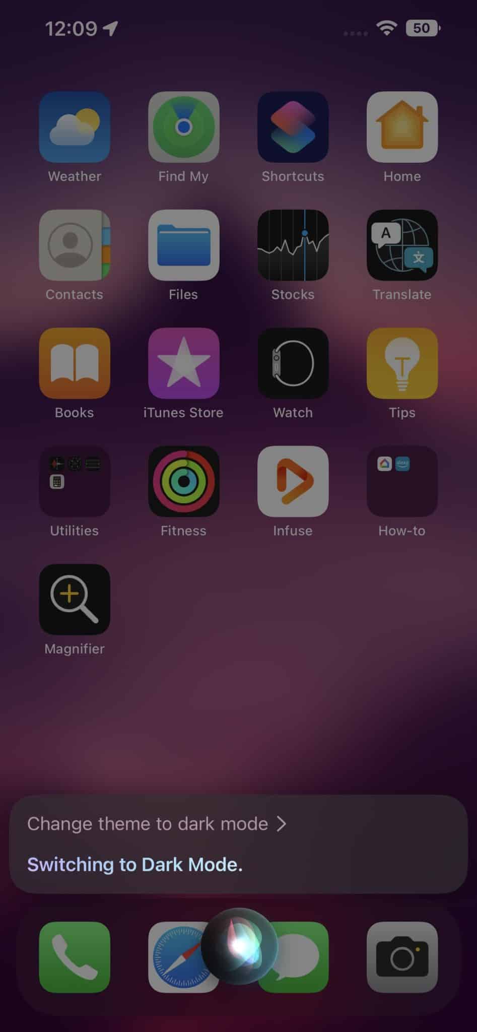 Switching to Dark Mode on an IPhone using Siri offline commands