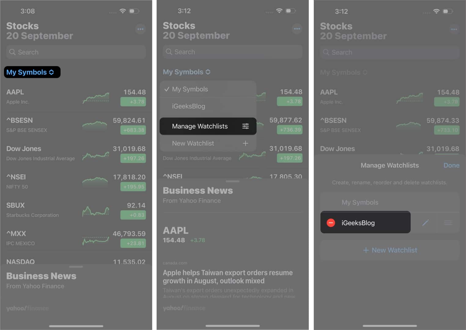 Steps to Delete Watchlist in Stocks app on an iPhone