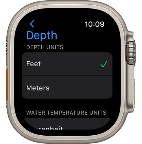 Mértékegységek kiválasztása az Apple Watch Ultra Depth alkalmazásában