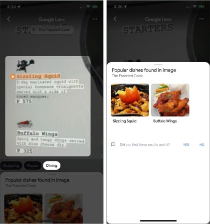 Dining feature of Google Lens on iPhone