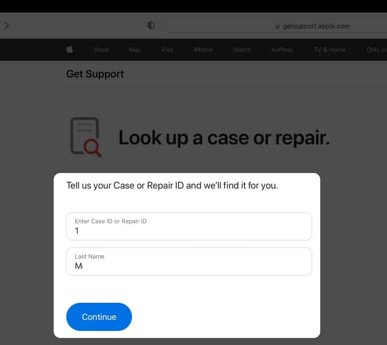 Enter your Genius Bar case ID on Apple Support website