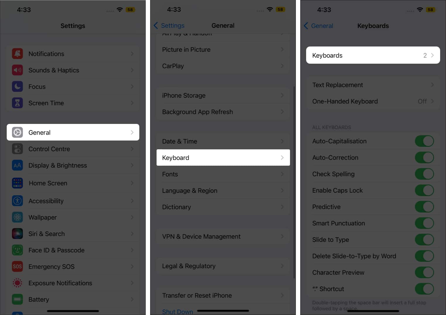 Go to Keyboards from iPhone's Settings