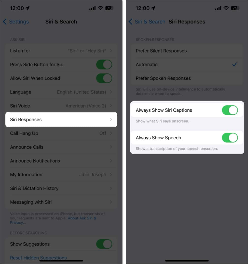 Go to Siri Responses, and Toggle on both Always Show Siri Captions and Always Show Speech