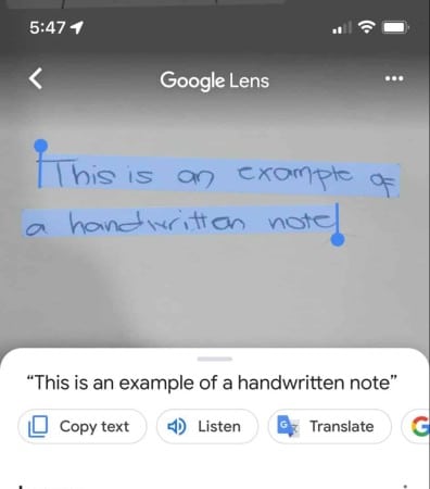Scanning handwritten text using Google Lens on an iPhone