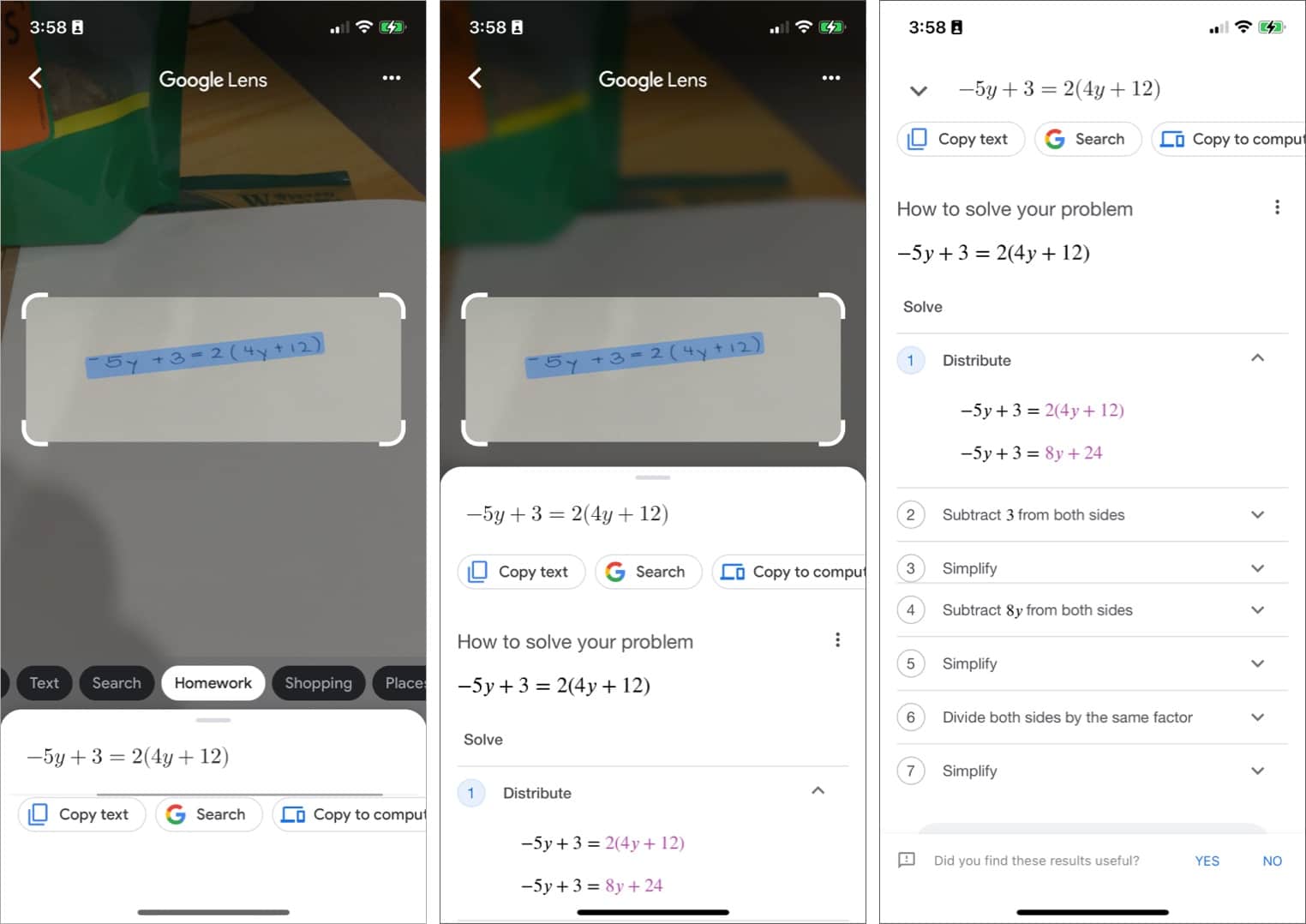 Homework scanning in Google Lens on iPhone