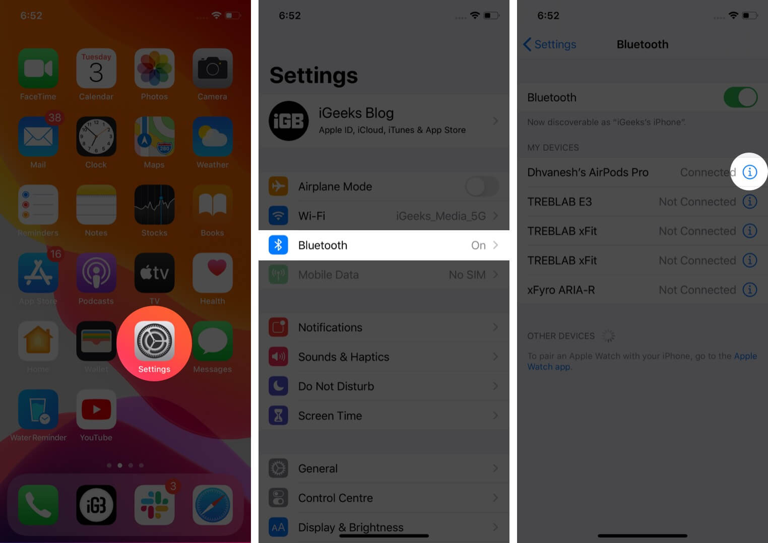 Lauch Settings App Select Bluetooth and Tap on AirPods i icon on iPhone