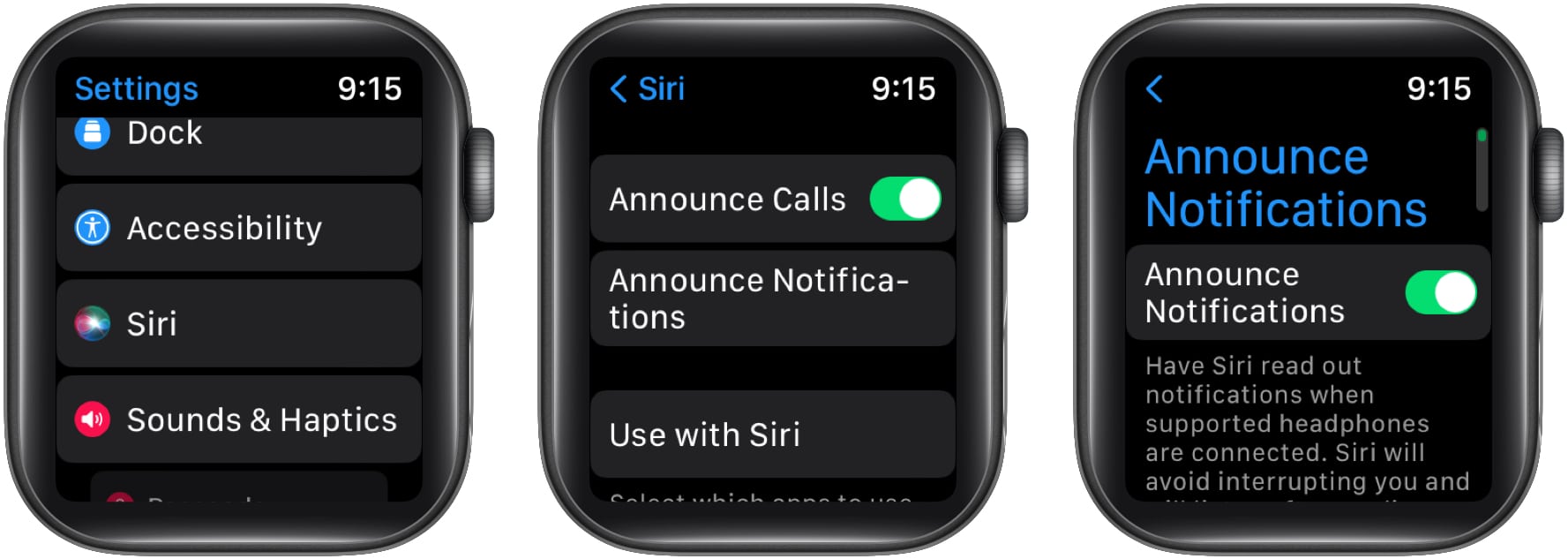 Let Siri announce calls and notifications on Apple Watch