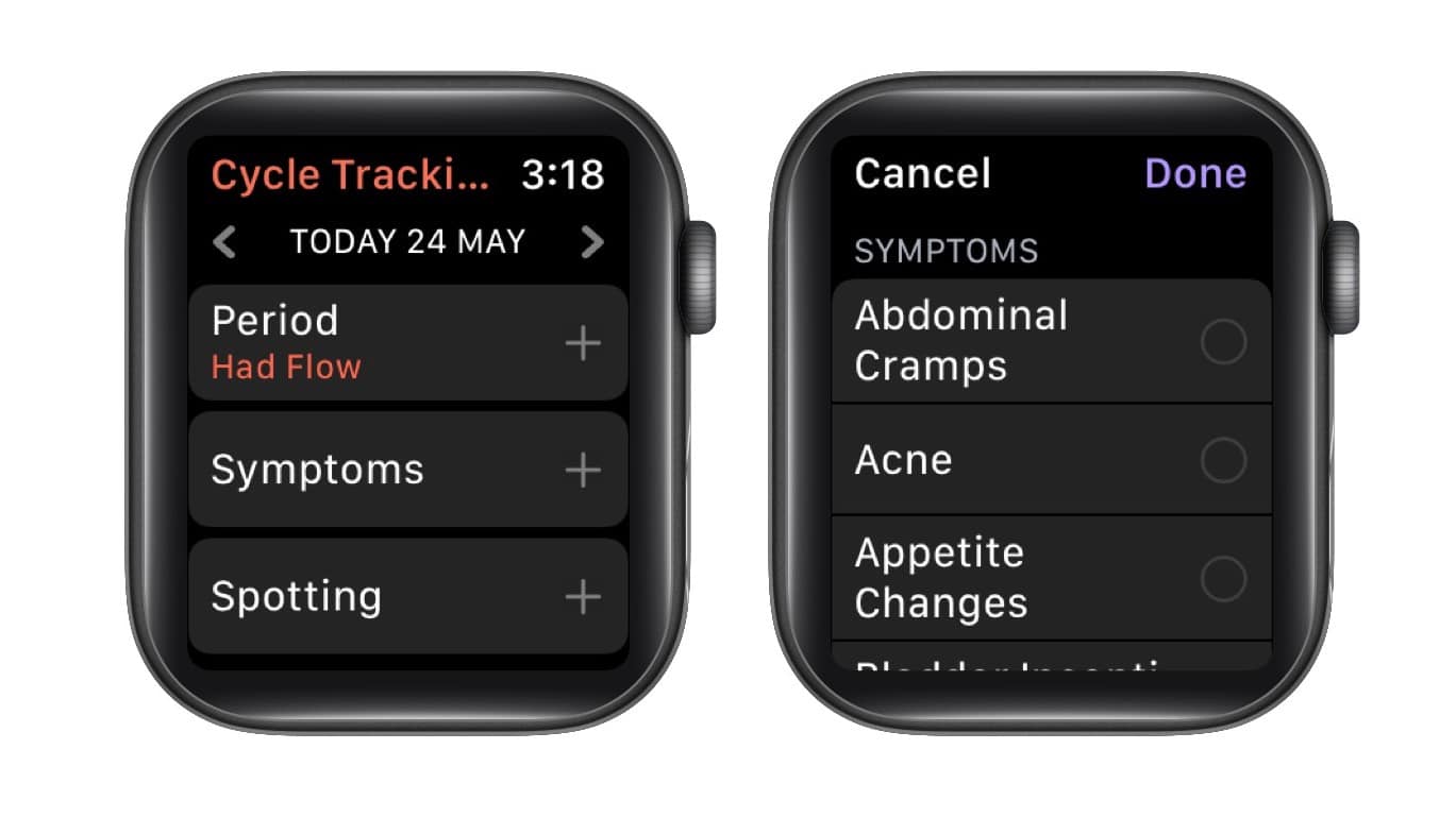 Log symptoms in Cycle Tracking on Apple Watch