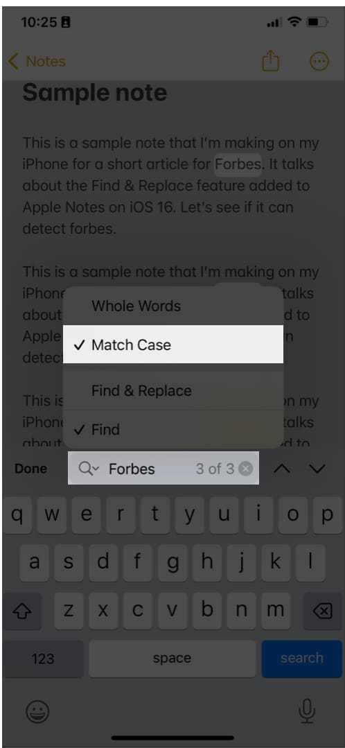 Match Case dalam apl Notes pada iPhone