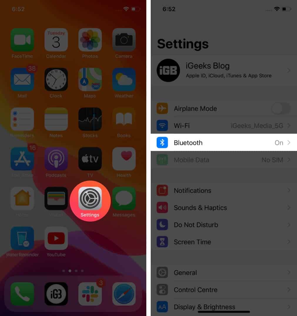 Open Settings and Tap on Bluetooth on iPhone