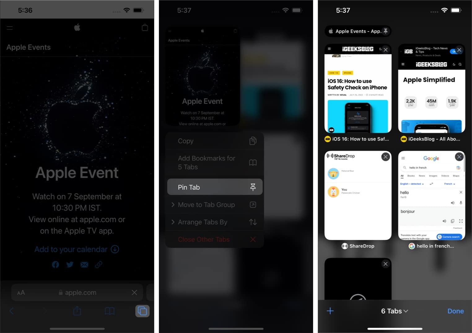 Rögzítse a Safari füleket az iOS 16 rendszerű iPhone-on