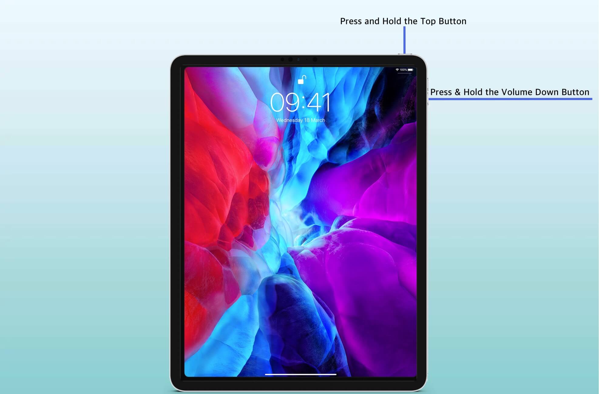 Press and Hold Top Button and Volume Down Button on iPad That has Face ID
