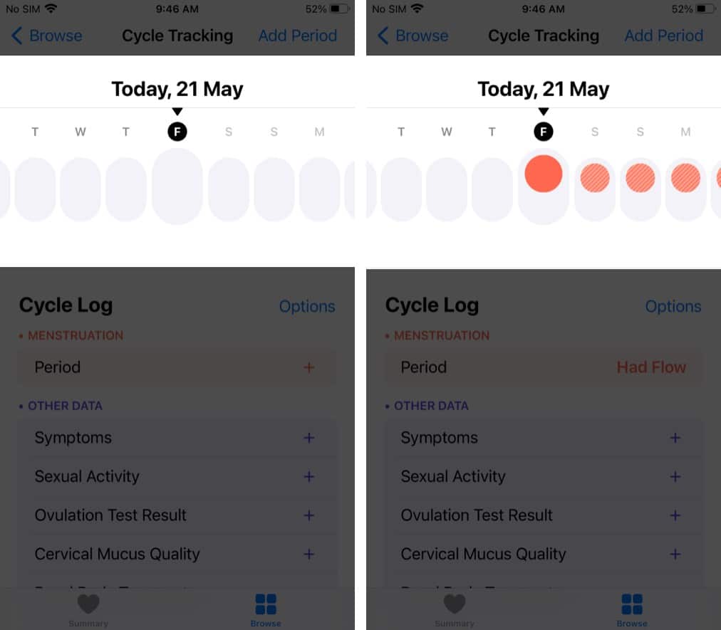 Red circle to track your period on iPhone