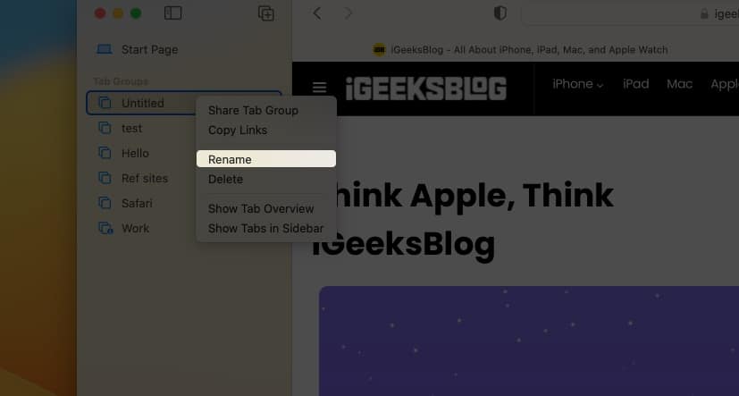 A Safari Tab Group átnevezése Mac számítógépen