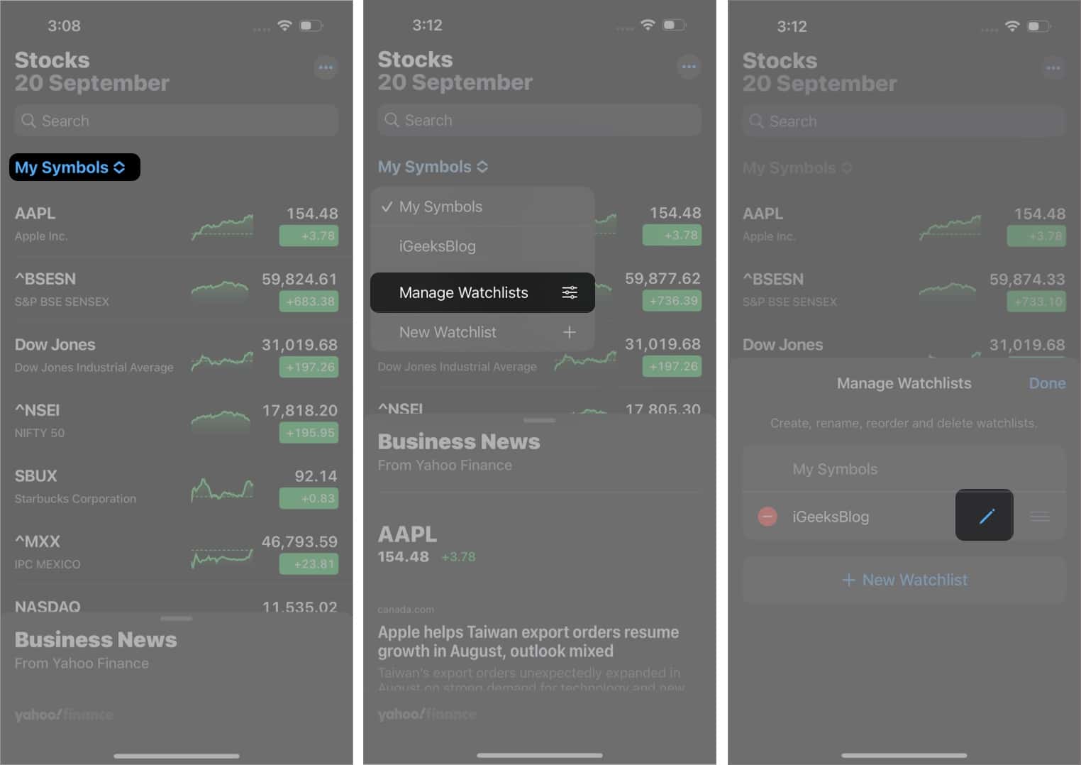 Steps to Rename Watchlist in Stocks app on an iPhone