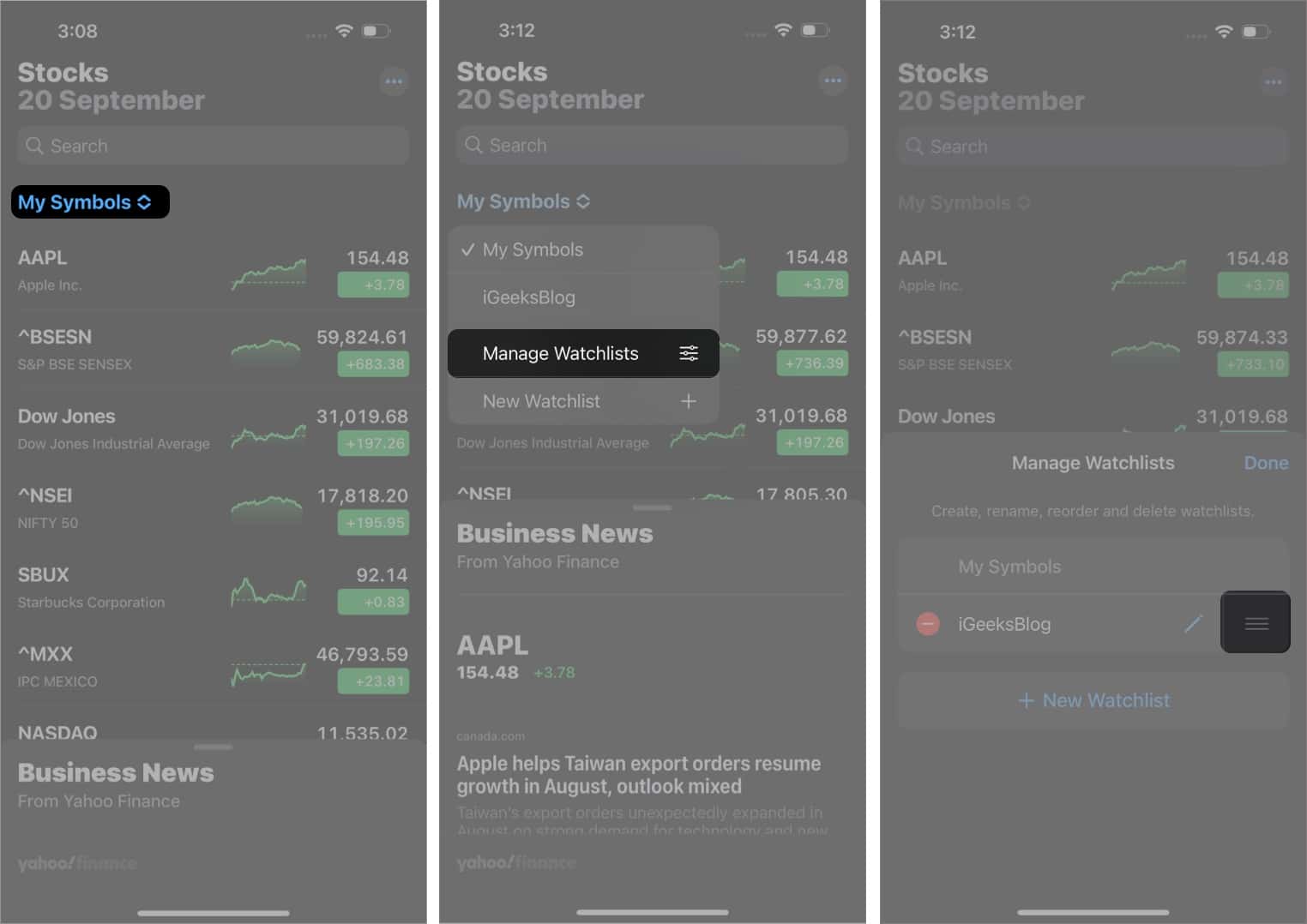 Steps to Reorder Watchlist in Stocks app on an iPhone