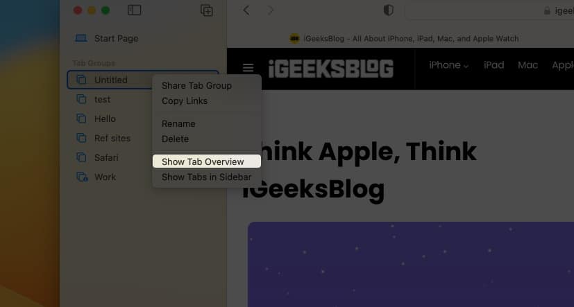 Lihat semua tab dalam paparan grid dengan mengklik Tunjukkan Gambaran Keseluruhan Tab dalam Safari pada Mac