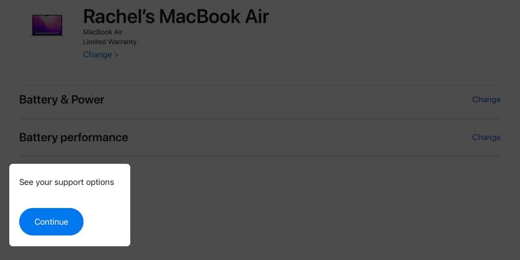Click Continue under see your support options on Apple website