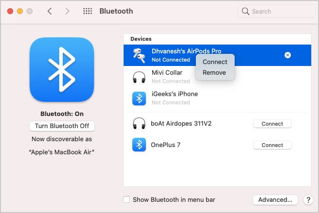 Select AirPods and right-click to Connect on Mac