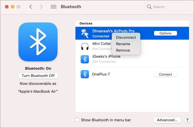 Select AirPods in Bluetooth device section and tap remove on Mac