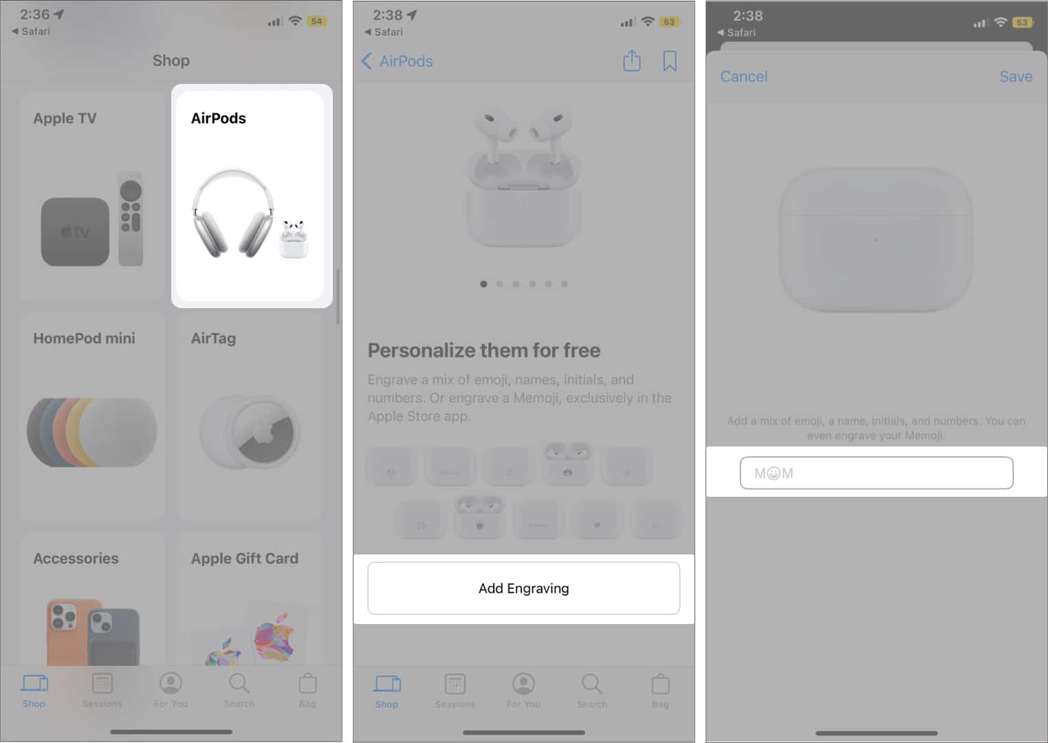 Pilih model AirPods dan Tambah Ukiran