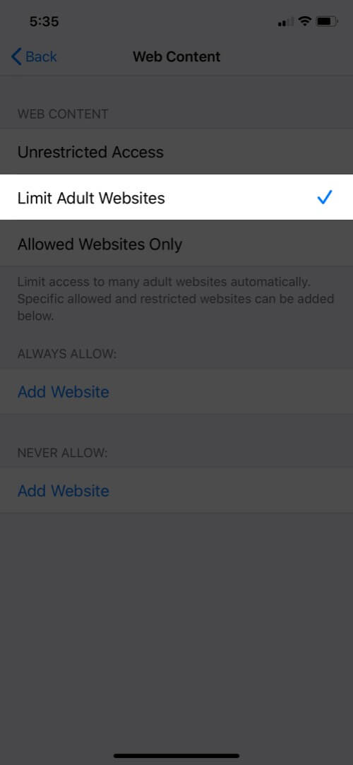 Select Limited Website Option in Web Content on iPhone