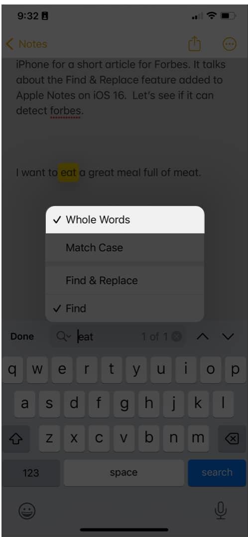 Pilih Whole Words untuk memperhalusi carian anda pada iPhone
