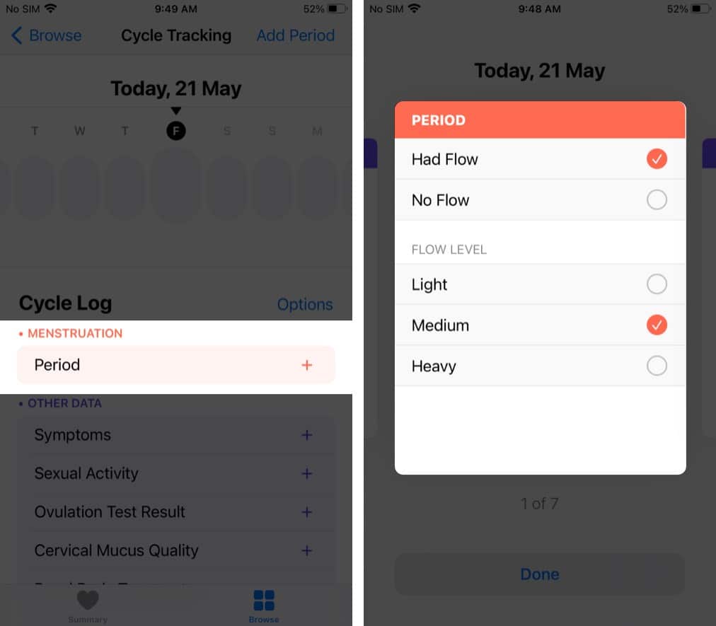 Select the kind of flow you had in cycle tracking on iPhone