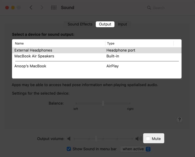 Select the right audio device on MacBook