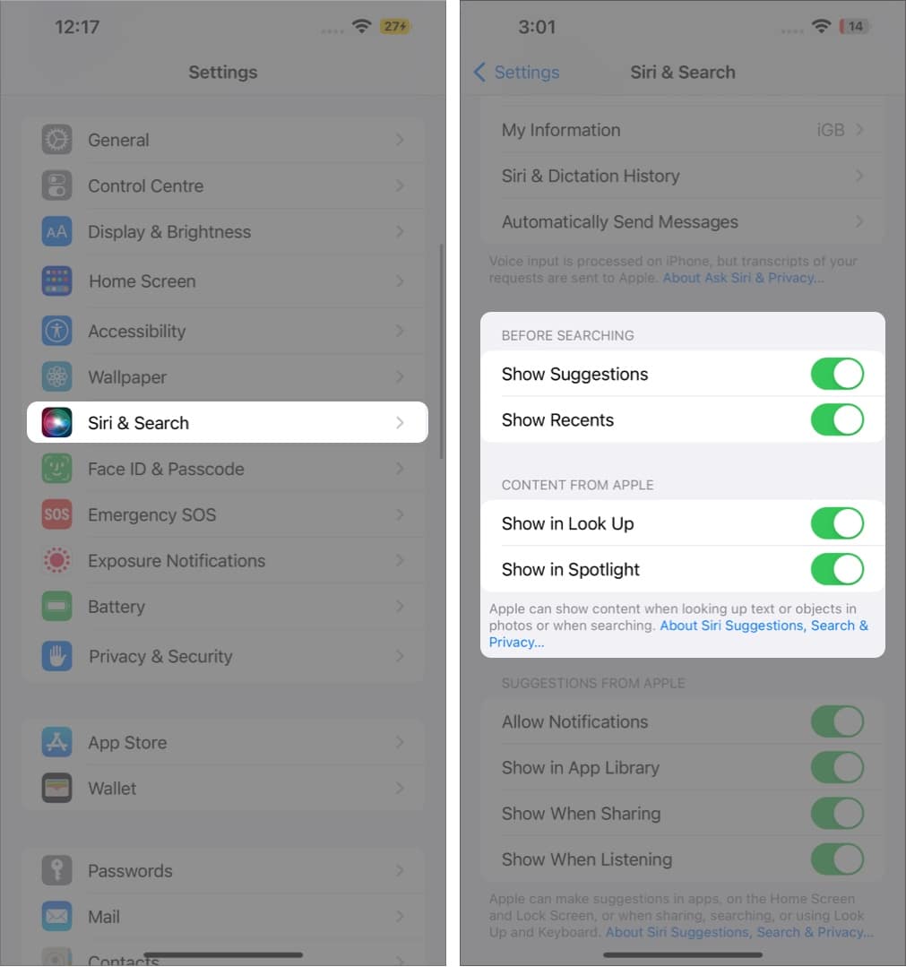 iPhone-da Spotlight axtarışını aktivləşdirir