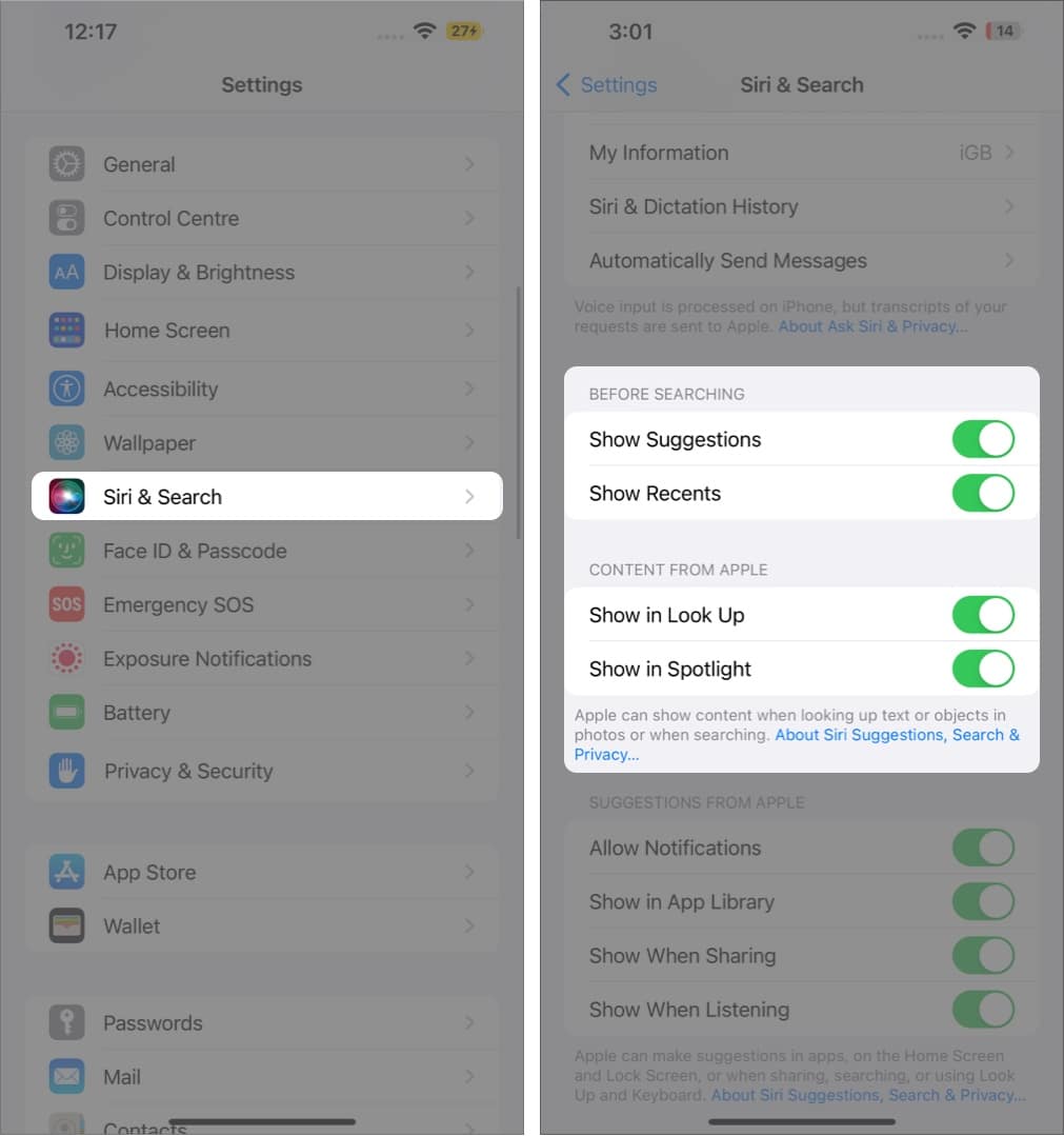 How do you turn on search settings on iPhone?