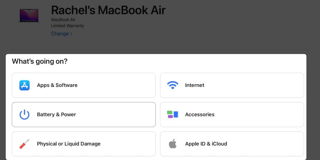 Support options on Apple Support page for Genius Bar appointment