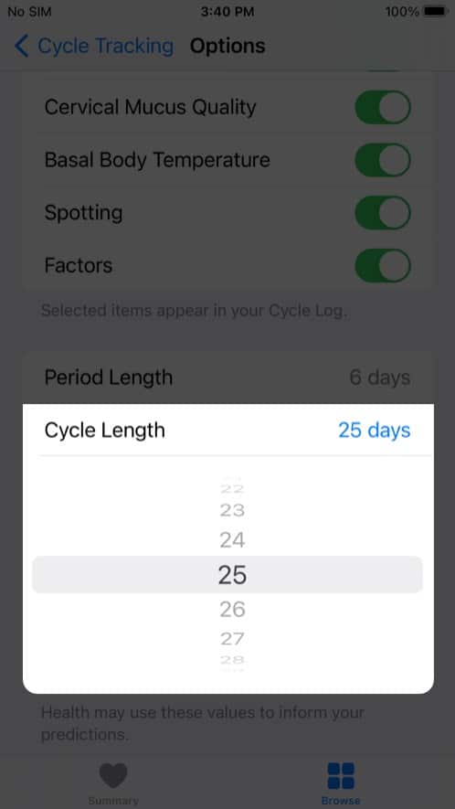 Tap Cycle Length and enter the amount of time in iPhone health app