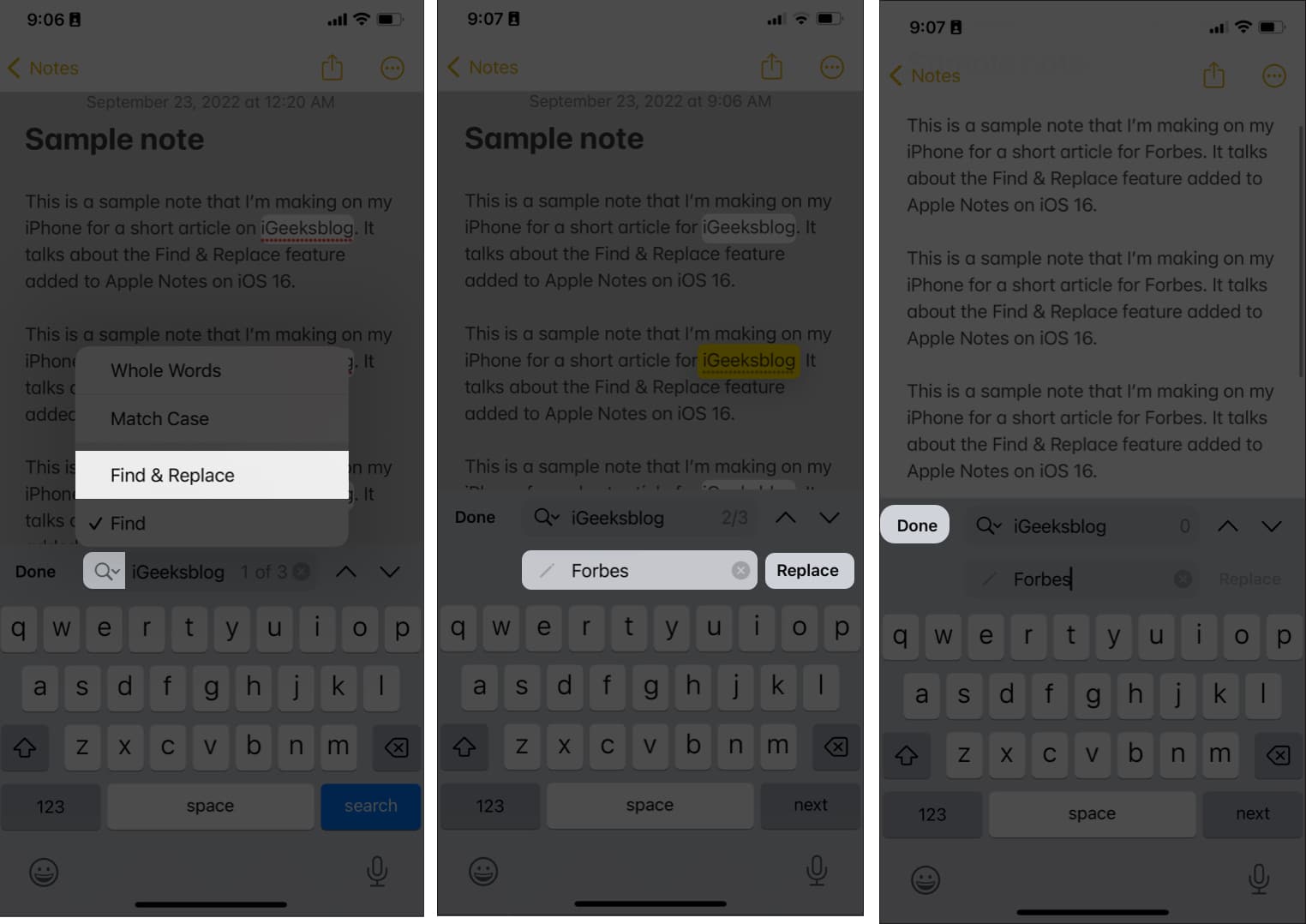 Ketik Selesai untuk mencari dan menggantikan textxt dalam apl Nota pada iPhone